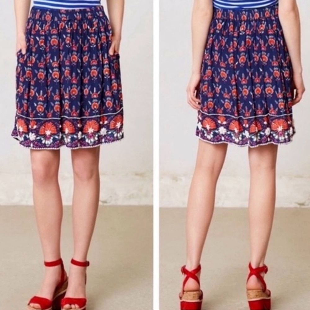 Anthropologie Maeve Adela Pooka Shell Beaded Mini Skirt Boho A-line floral L